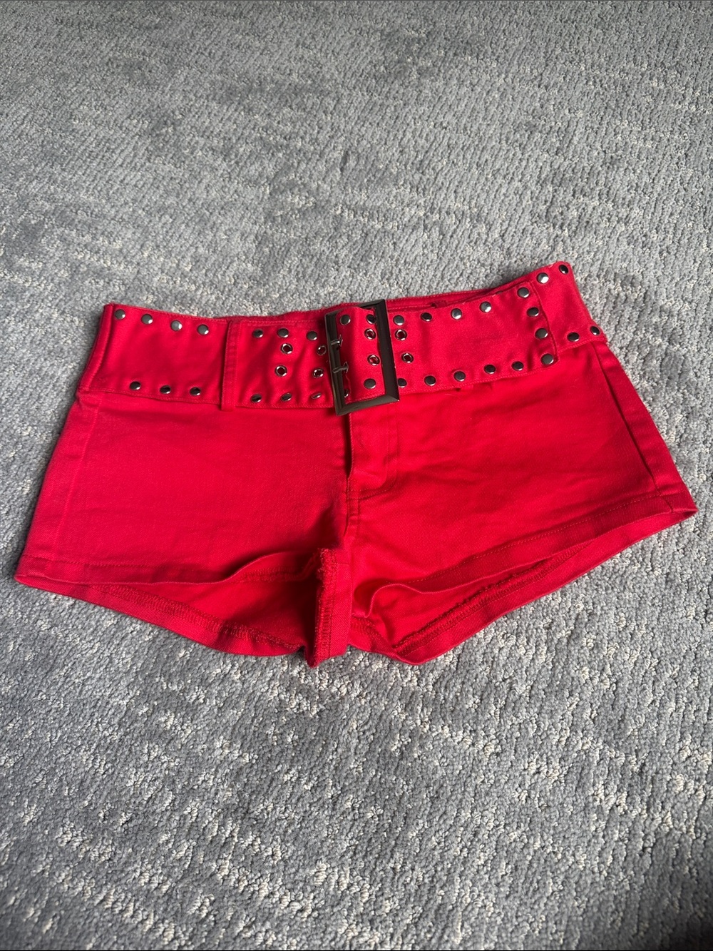 Edikted Bright Red low Waist Grommet Belt Jean Shorts